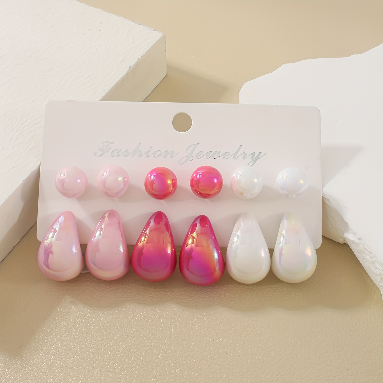 12pcs AB Pink Water Drop Earrings Set Ball Earrings